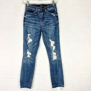 Judy Blue Bleach Distressed Skinny Fit Jeans Size 1/25 Raw Hem Mid Rise Cropped